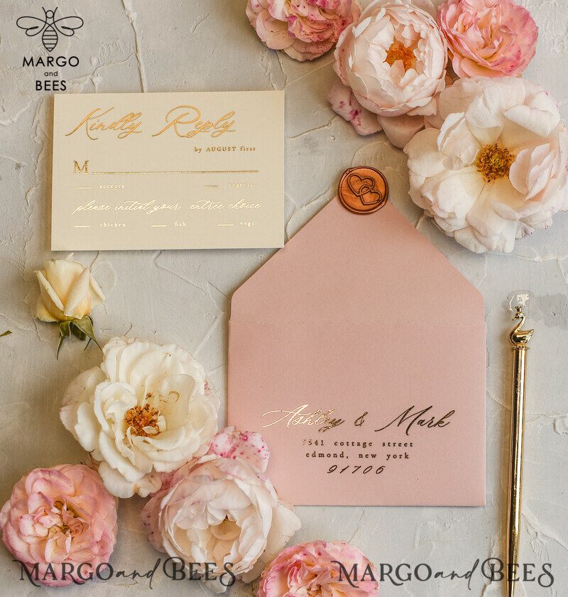 Luxury Gold Foil Wedding Invitations, Elegant Vellum Wedding Cards, Glamour Blush Pink Wedding Invitation Suite, Golden Shine Wedding Stationery-18