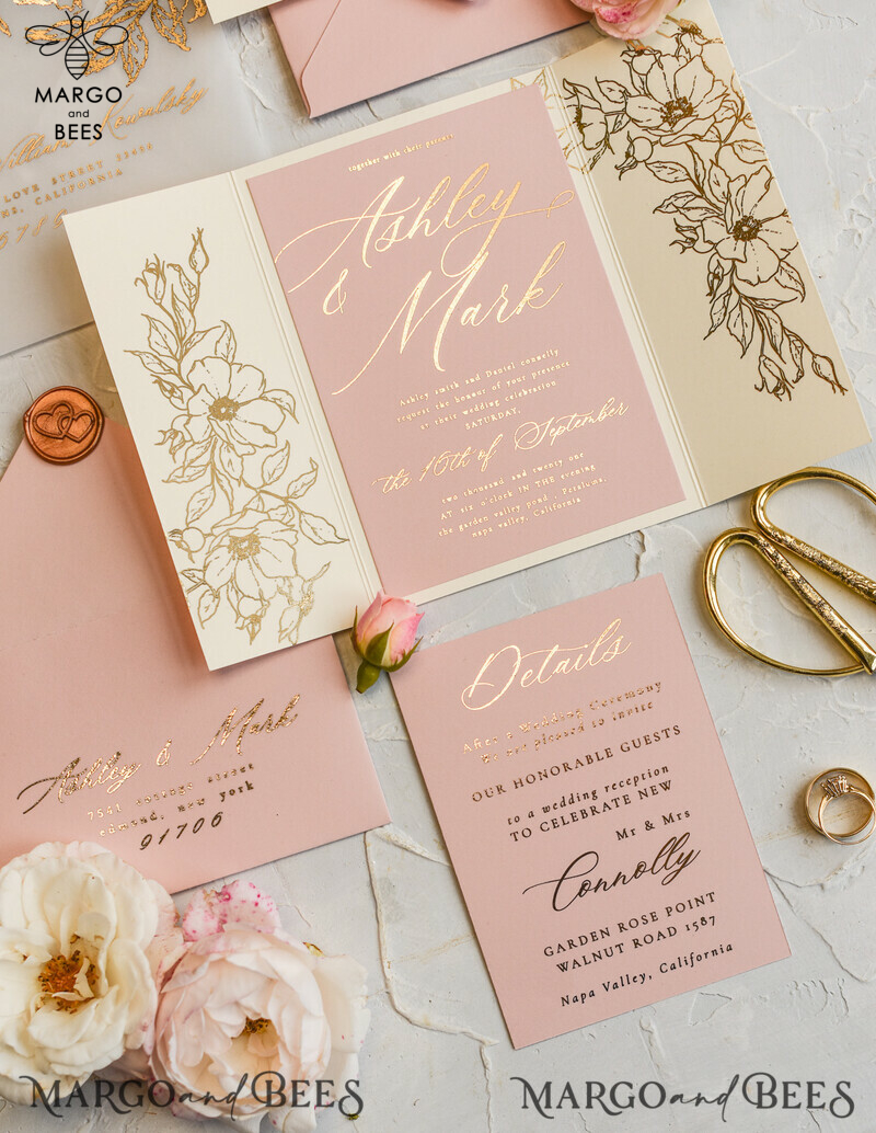 Luxury Gold Foil Wedding Invitations, Elegant Vellum Wedding Cards, Glamour Blush Pink Wedding Invitation Suite, Golden Shine Wedding Stationery-2