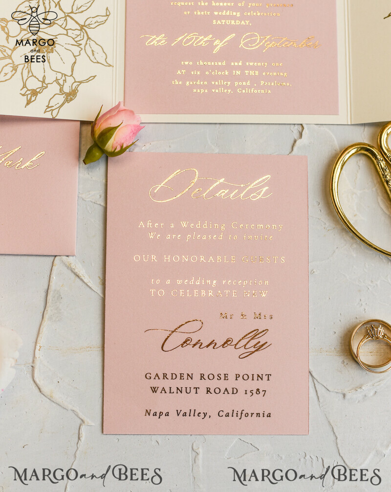 Luxury Gold Foil Wedding Invitations, Elegant Vellum Wedding Cards, Glamour Blush Pink Wedding Invitation Suite, Golden Shine Wedding Stationery-4
