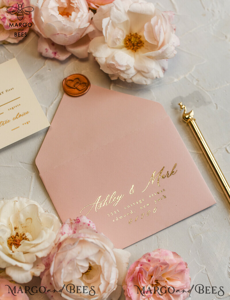 Luxury Gold Foil Wedding Invitations, Elegant Vellum Wedding Cards, Glamour Blush Pink Wedding Invitation Suite, Golden Shine Wedding Stationery-5