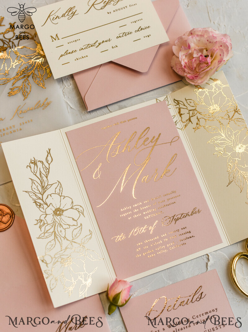 Luxury Gold Foil Wedding Invitations, Elegant Vellum Wedding Cards, Glamour Blush Pink Wedding Invitation Suite, Golden Shine Wedding Stationery-6