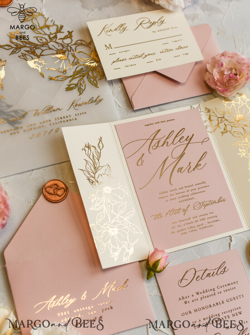 Luxury Gold Foil Wedding Invitations, Elegant Vellum Wedding Cards, Glamour Blush Pink Wedding Invitation Suite, Golden Shine Wedding Stationery-7