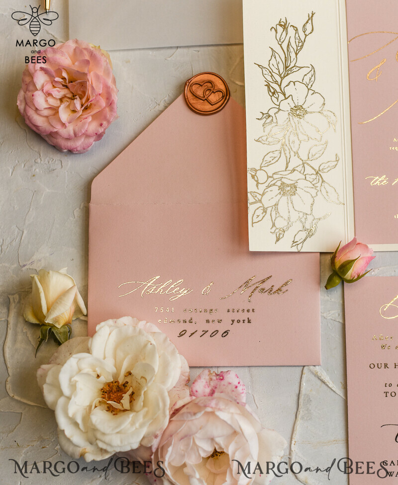 Luxury Gold Foil Wedding Invitations, Elegant Vellum Wedding Cards, Glamour Blush Pink Wedding Invitation Suite, Golden Shine Wedding Stationery-8