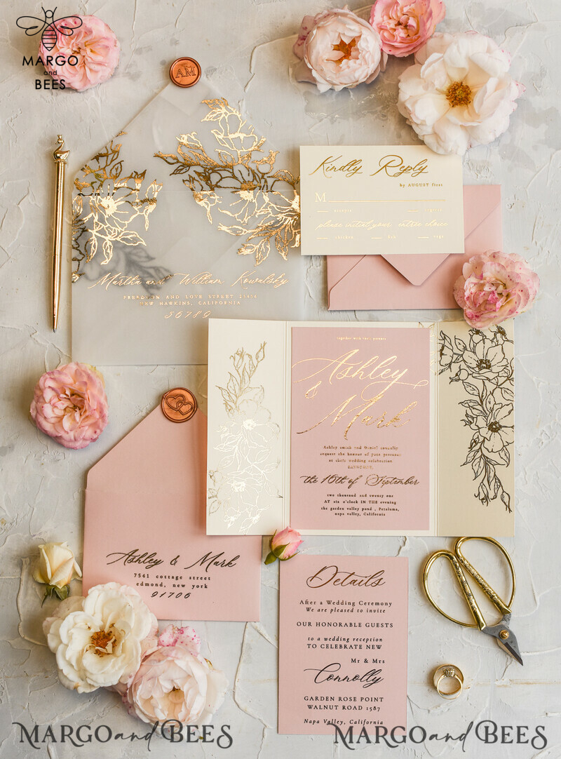 Luxury Gold Foil Wedding Invitations, Elegant Vellum Wedding Cards, Glamour Blush Pink Wedding Invitation Suite, Golden Shine Wedding Stationery-0