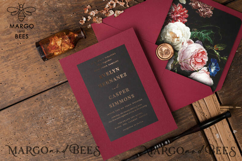 Black marsala wedding invitation with gold lettering -10