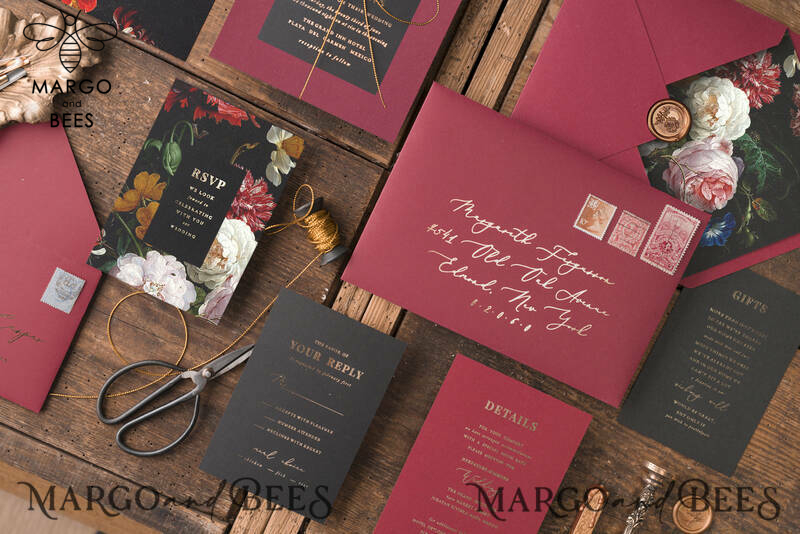 Black marsala wedding invitation with gold lettering -11