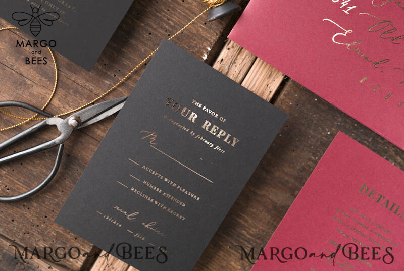 Black marsala wedding invitation with gold lettering -12
