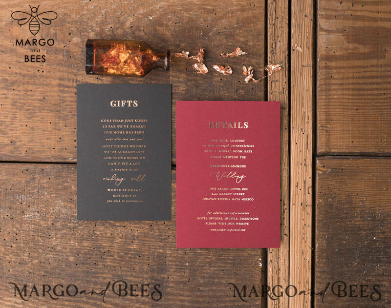 Black marsala wedding invitation with gold lettering -13