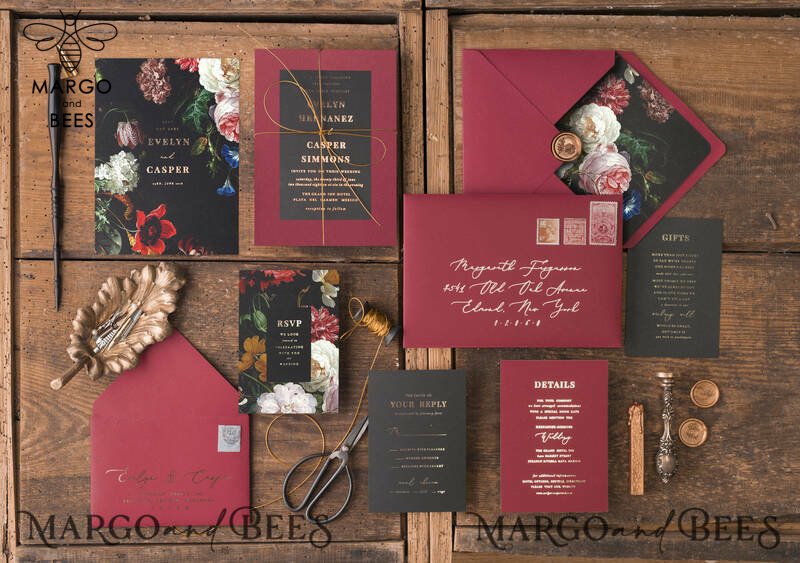 Black marsala wedding invitation with gold lettering -14