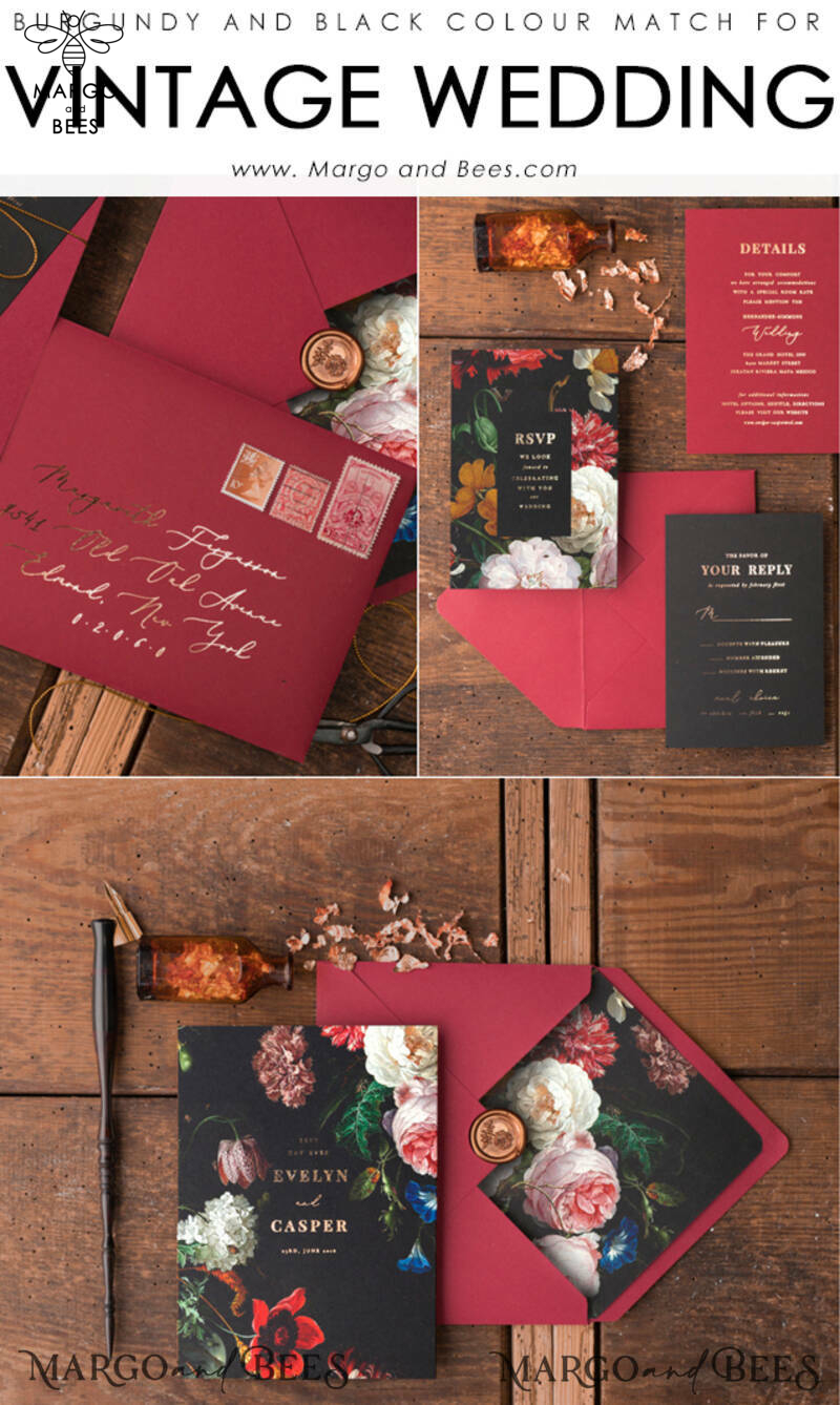 Black marsala wedding invitation with gold lettering -16