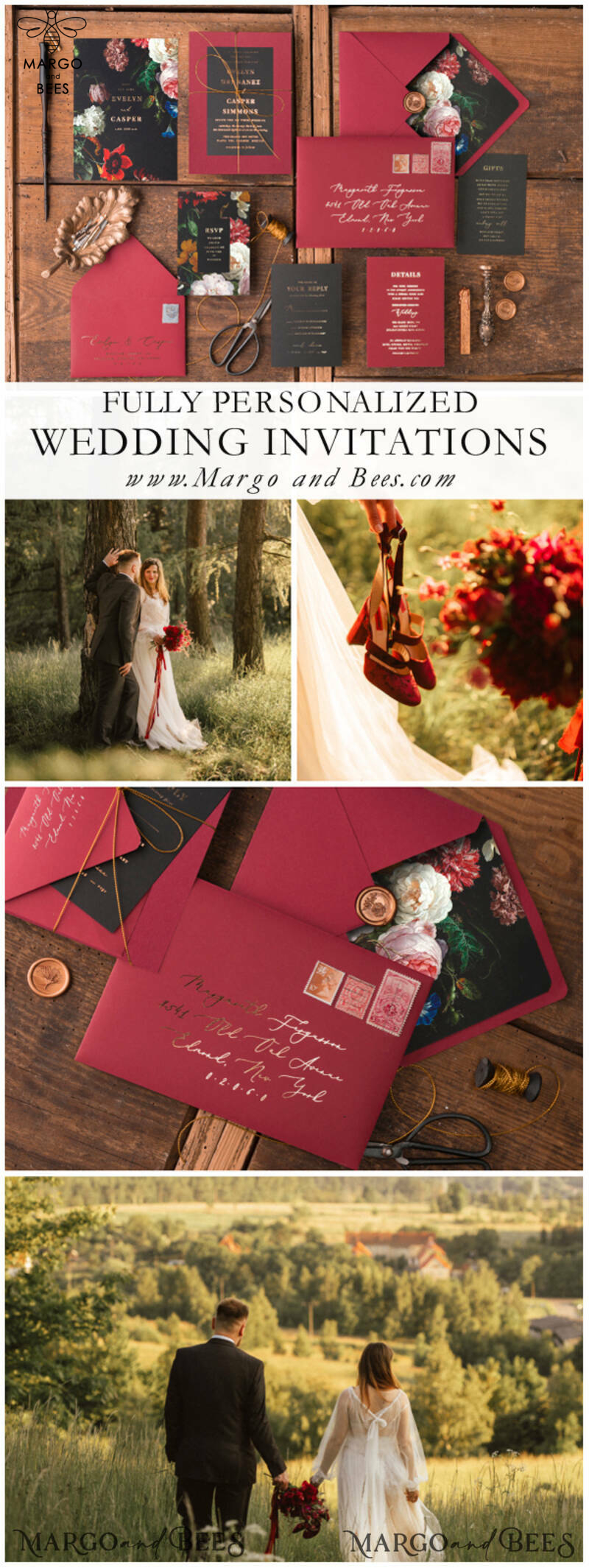 Luxury Arabic Wedding Invitations, Bespoke Floral Wedding Invites, Elegant Red Wedding Invitation Cards, Glamour Gold Foil Wedding Invitation Suite-20