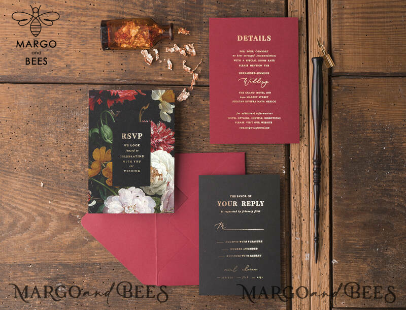 Black marsala wedding invitation with gold lettering -3