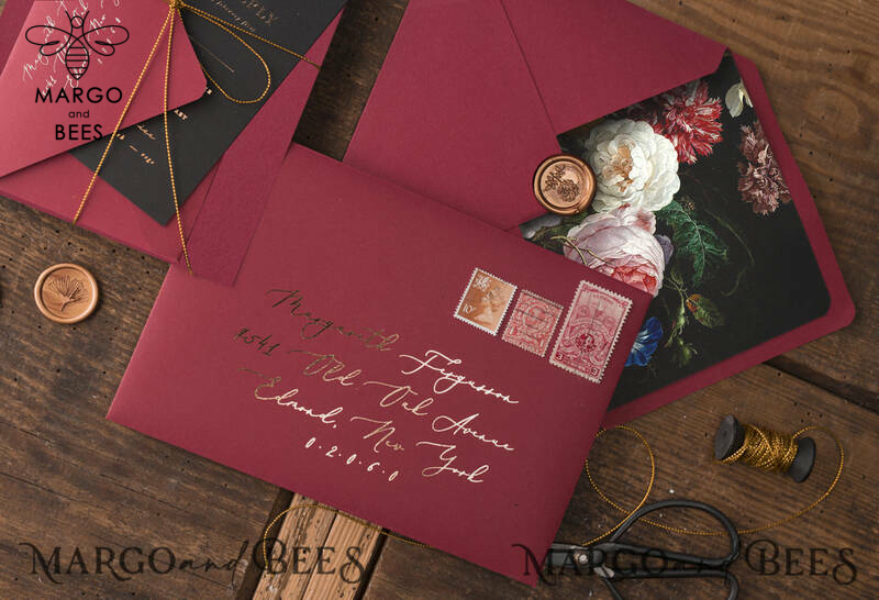 Black marsala wedding invitation with gold lettering -5