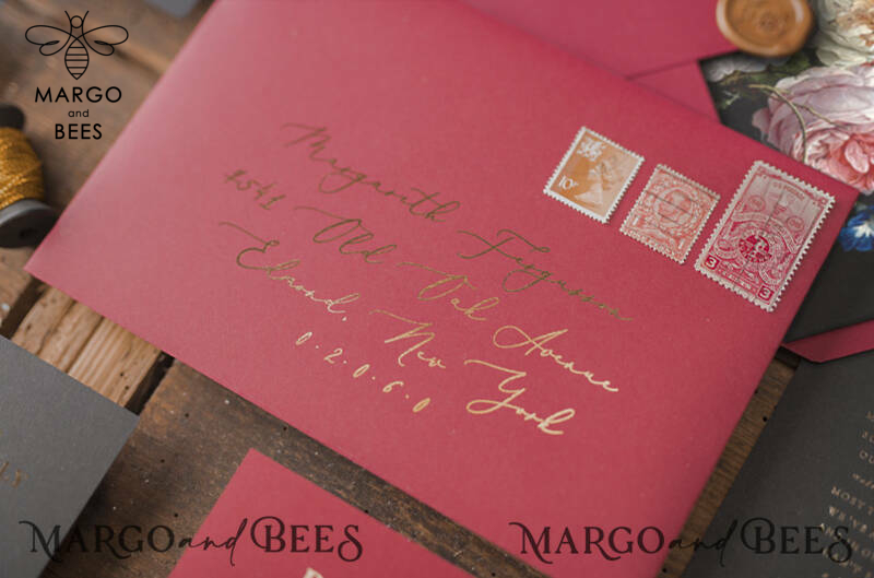 Black marsala wedding invitation with gold lettering -7