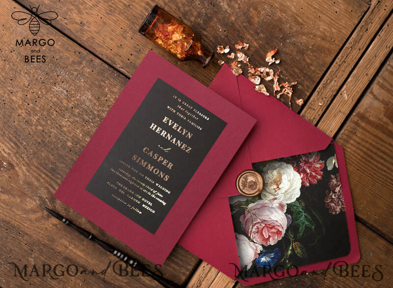 Black marsala wedding invitation with gold lettering -8