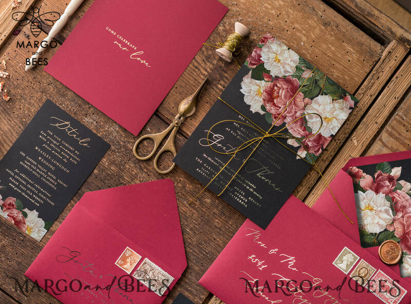 Luxury Arabic Wedding Invitation Suite, Glamour Golden Shine Wedding Invitations, Bespoke Black Wedding Cards, Elegant Red Wedding Invites-1