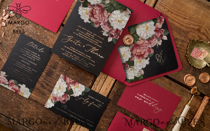  Luxury Arabic Wedding Invitation Suite, Glamour Golden Shine Wedding Invitations, Bespoke Black Wedding Cards, Elegant Red Wedding Invites-14