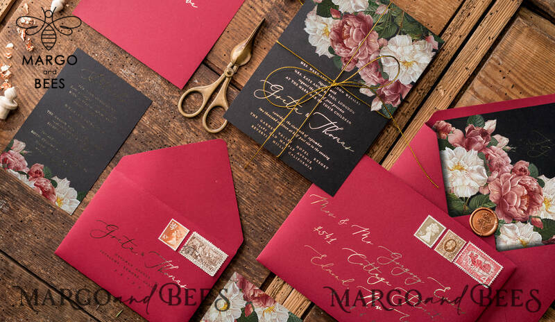  Luxury Arabic Wedding Invitation Suite, Glamour Golden Shine Wedding Invitations, Bespoke Black Wedding Cards, Elegant Red Wedding Invites-2