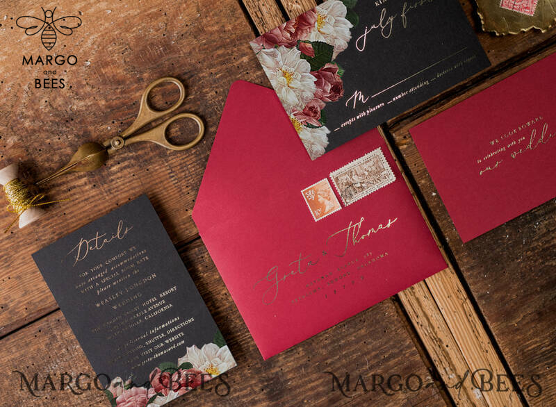  Luxury Arabic Wedding Invitation Suite, Glamour Golden Shine Wedding Invitations, Bespoke Black Wedding Cards, Elegant Red Wedding Invites-4