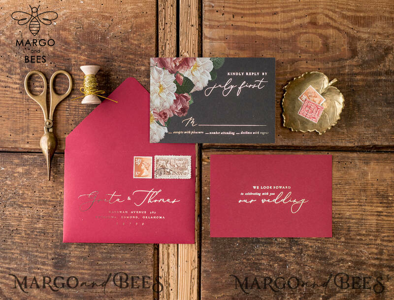Burgundy Gold Wedding Invitations, Luxory Golden Wedding Invitation Suite, Red and Gold Indian Wedding Cards-5