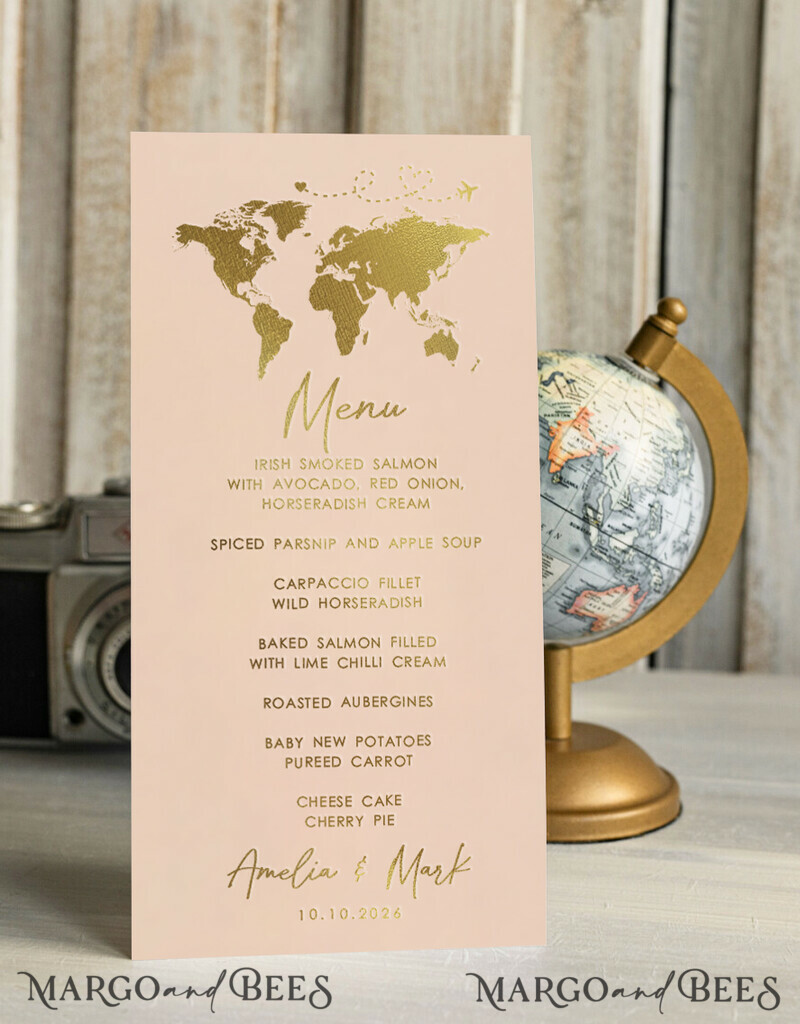 Travel Passport Gold Foil Wedding menu, Wedding program dinner, Elegant Destination menu, Personalized wedding decoration-0