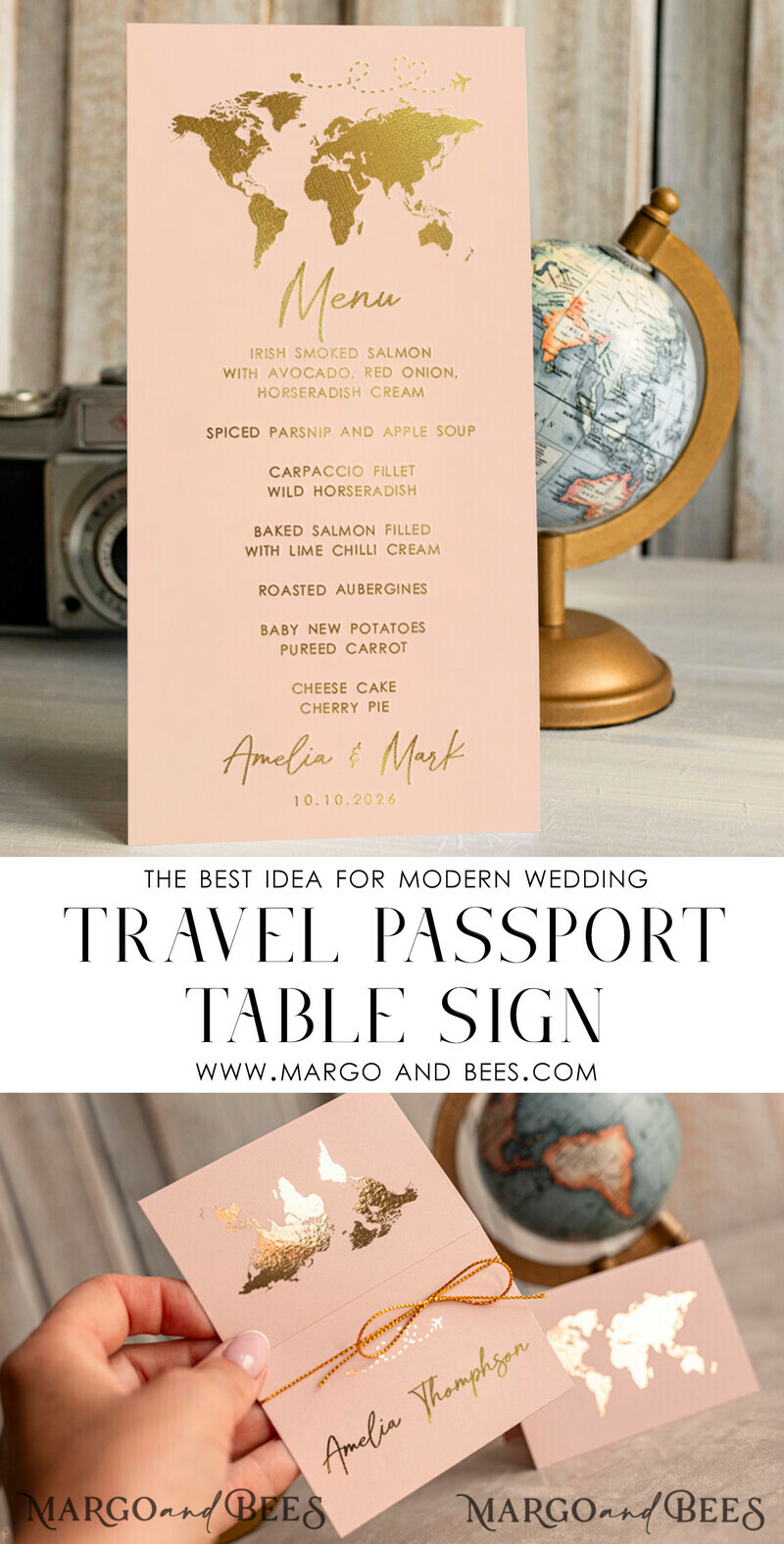 Travel Passport Gold Foil Wedding menu, Wedding program dinner, Elegant Destination menu, Personalized wedding decoration-2