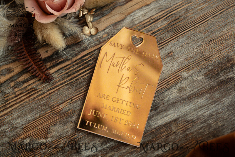 Personalised Travel Save the Date: Acrylic Tag Magnet and Card in Gold Terracotta-5