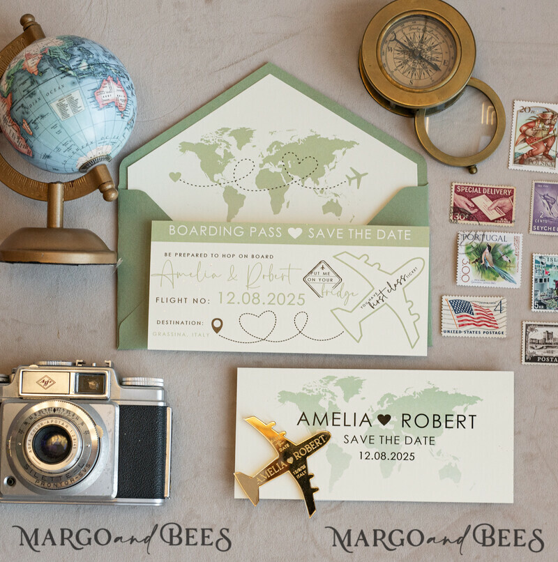 Terracotta golden airplane magnet Save The Date Cards boardingpass travel airplane save the dates destination wedding magnets-3