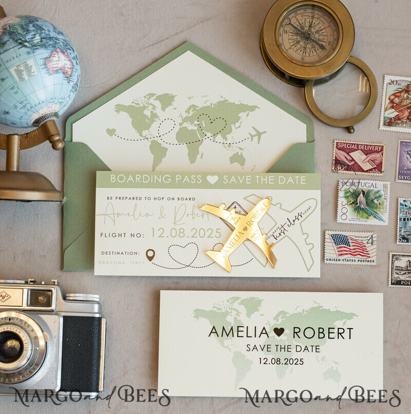 Terracotta golden airplane magnet Save The Date Cards boardingpass travel airplane save the dates destination wedding magnets-4