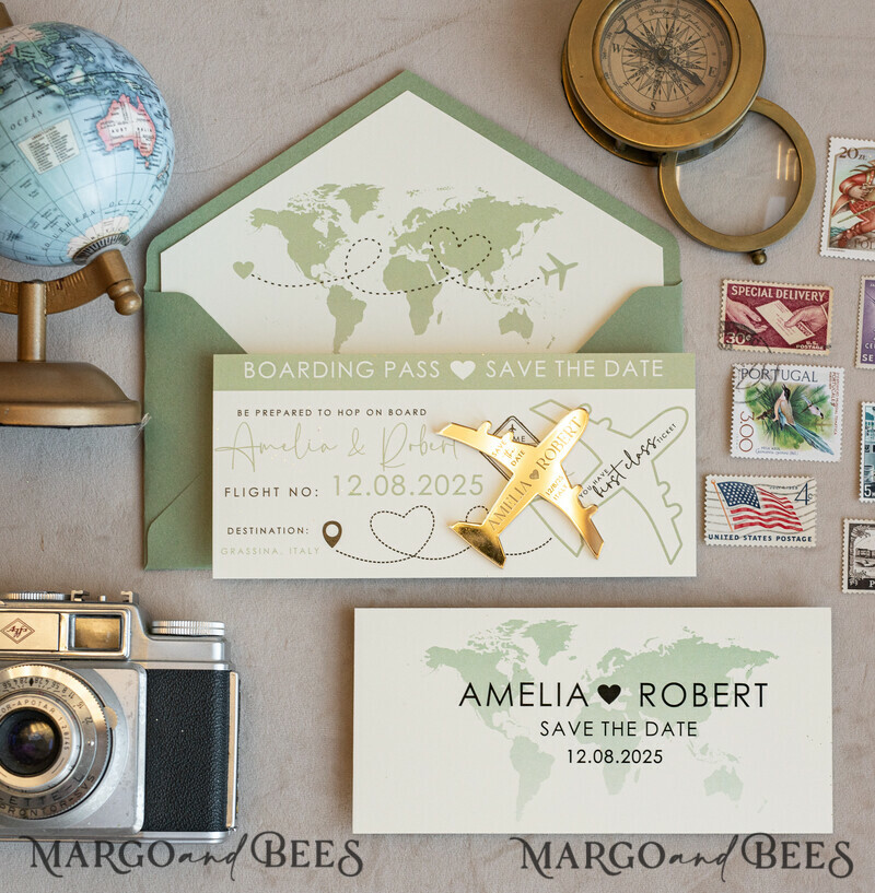 Terracotta golden airplane magnet Save The Date Cards boardingpass travel airplane save the dates destination wedding magnets-5