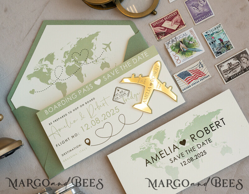 Terracotta golden airplane magnet Save The Date Cards boardingpass travel airplane save the dates destination wedding magnets-6