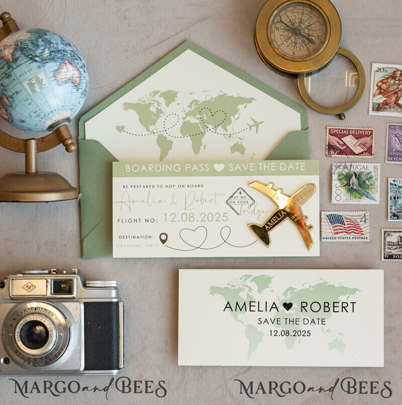 Terracotta golden airplane magnet Save The Date Cards boardingpass travel airplane save the dates destination wedding magnets-8