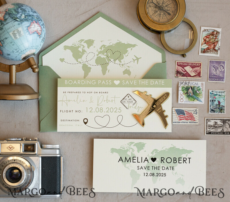 Terracotta golden airplane magnet Save The Date Cards boardingpass travel airplane save the dates destination wedding magnets-0