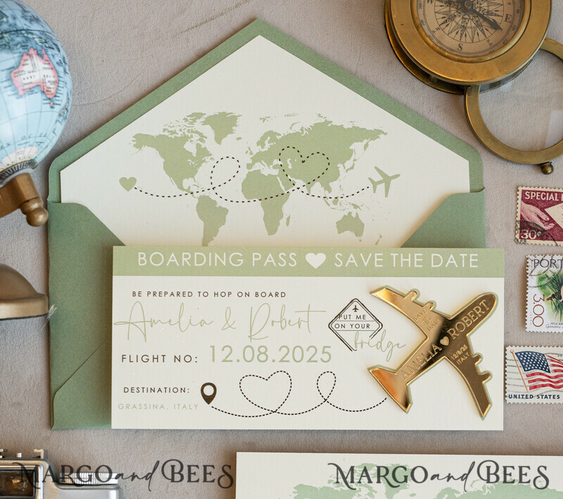 Terracotta golden airplane magnet Save The Date Cards boardingpass travel airplane save the dates destination wedding magnets-9