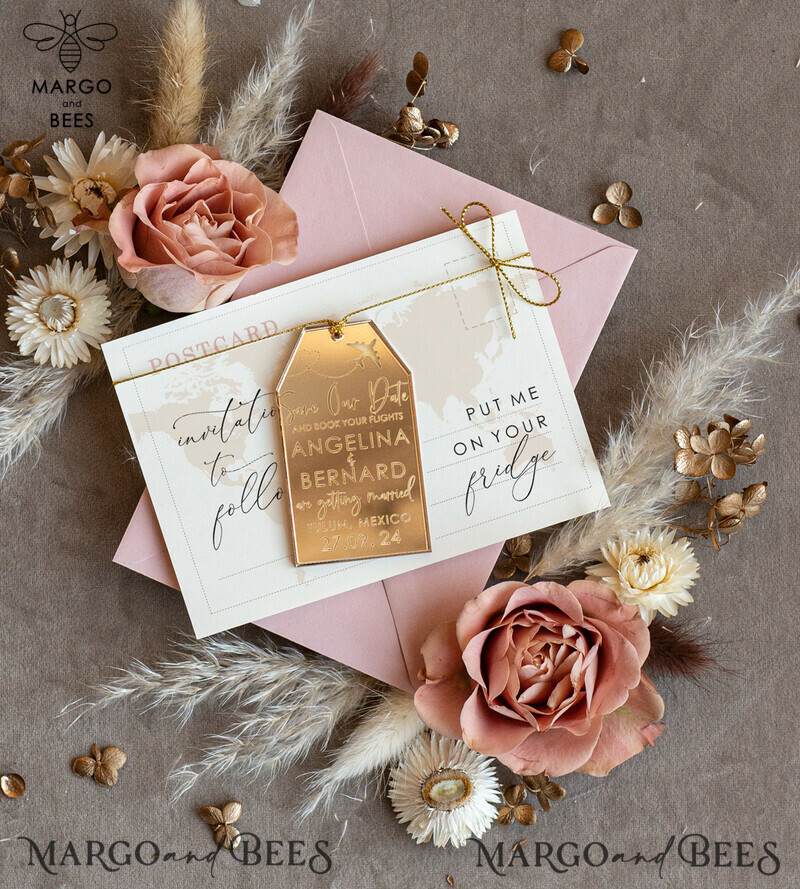 Personalised Travel Save the Date Acrylic Tag Magnet and Card: A Perfect Wedding Reminder
Gold Blush Pink Luggage Tag Wedding Save The Dates Acrylic Magnets: A Glamorous Way to Announce Your Special Day
Save The Date Cards: Elegant and Timeless Wedding Reminders-1