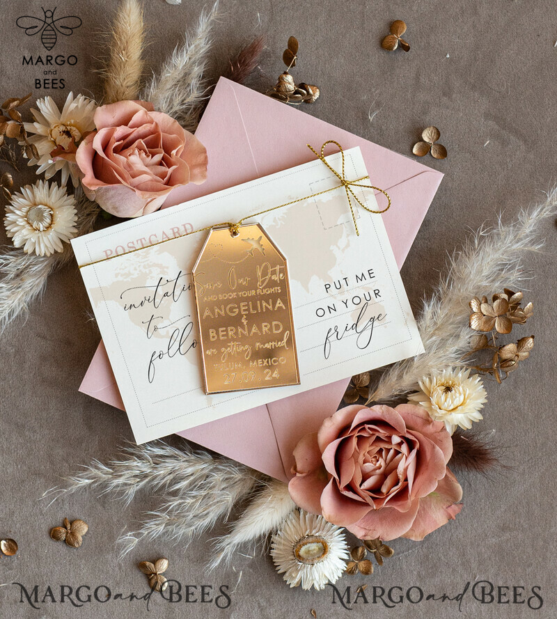 Personalised Travel Save the Date Acrylic Tag Magnet and Card: Gold Blush Pink Luggage Tag Wedding Save The Dates Acrylic Magnets & Save The Date Cards-1