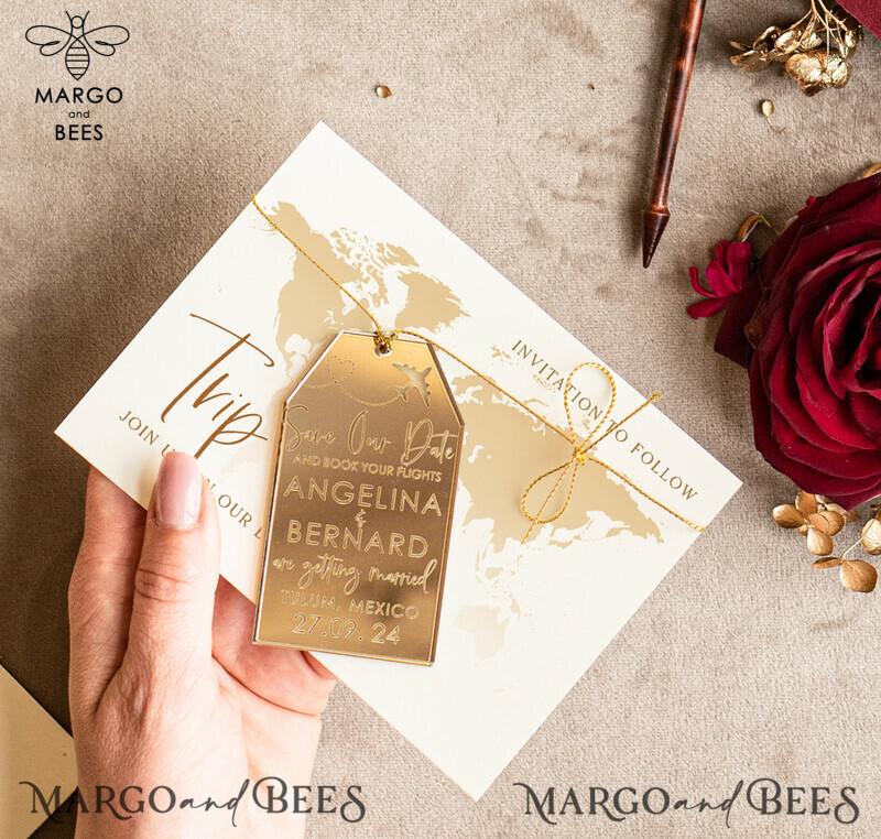 Customized Travel Save the Date Magnet and Card for Destination Wedding in Acrylic Golden-1