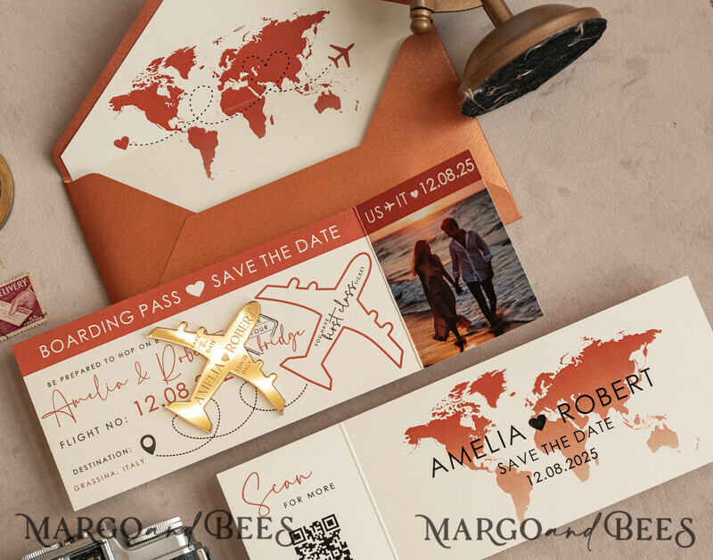 Terracotta golden airplane magnet with photo Save The Date Cards boardingpass travel airplane save the dates destination wedding magnets-1