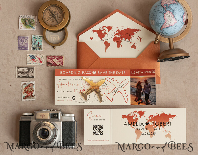 Terracotta golden airplane magnet with photo Save The Date Cards boardingpass travel airplane save the dates destination wedding magnets-9
