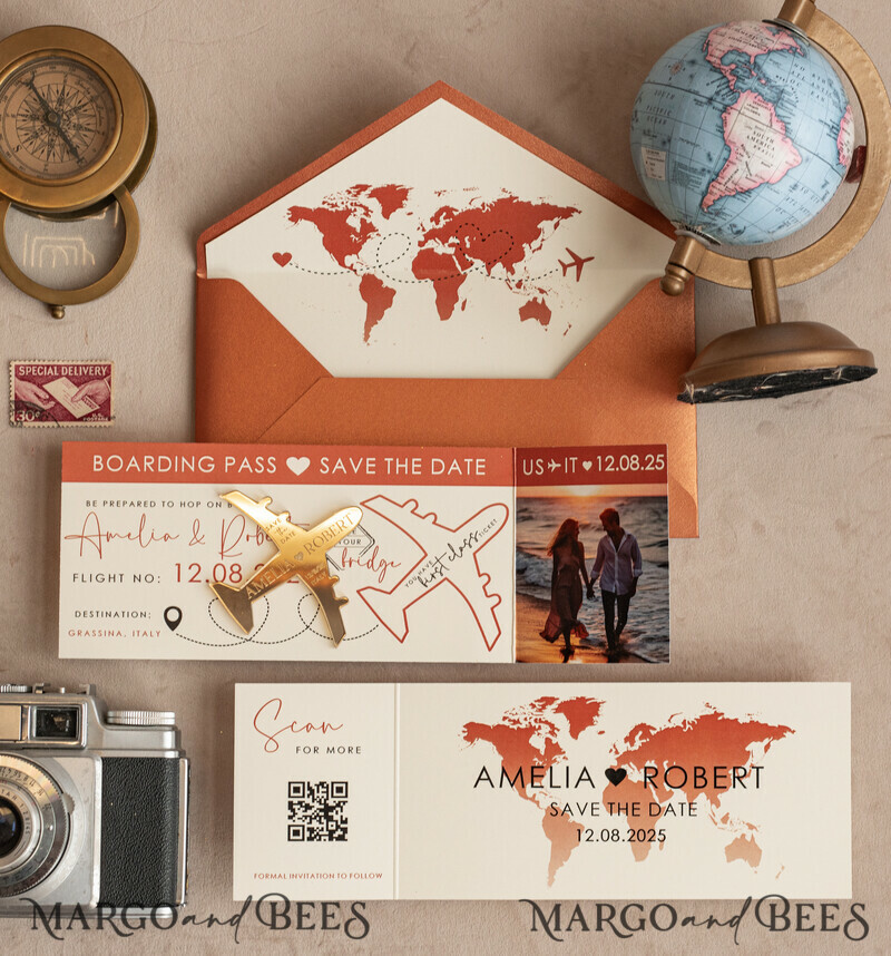 Terracotta golden airplane magnet with photo Save The Date Cards boardingpass travel airplane save the dates destination wedding magnets-10