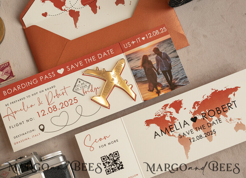 Terracotta golden airplane magnet with photo Save The Date Cards boardingpass travel airplane save the dates destination wedding magnets-11