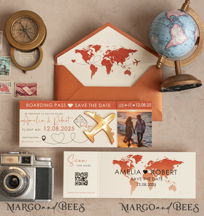 Terracotta golden airplane magnet with photo Save The Date Cards boardingpass travel airplane save the dates destination wedding magnets-12