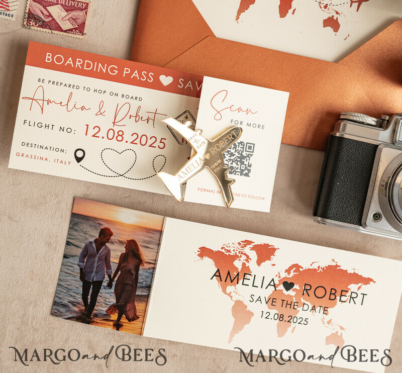 Terracotta golden airplane magnet with photo Save The Date Cards boardingpass travel airplane save the dates destination wedding magnets-2
