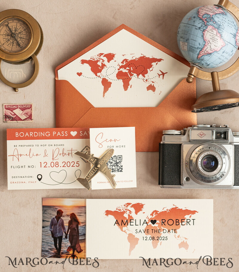 Terracotta golden airplane magnet with photo Save The Date Cards boardingpass travel airplane save the dates destination wedding magnets-13