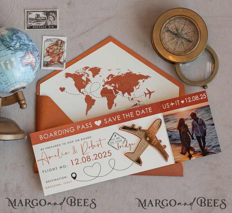 Terracotta golden airplane magnet with photo Save The Date Cards boardingpass travel airplane save the dates destination wedding magnets-4