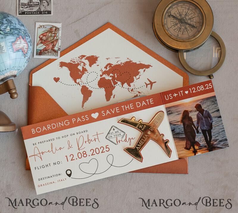 Terracotta golden airplane magnet with photo Save The Date Cards boardingpass travel airplane save the dates destination wedding magnets-5