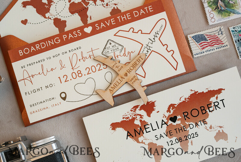 erracotta Wooden airplane magnet Save The Date Cards boardingpass travel airplane save the dates destination wedding magnets-1