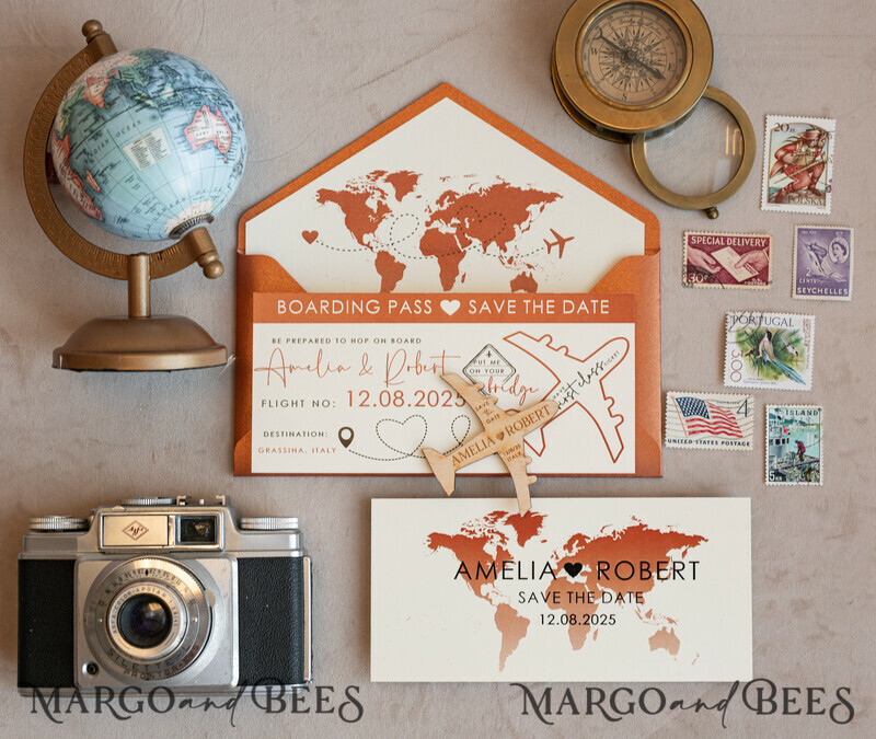 erracotta Wooden airplane magnet Save The Date Cards boardingpass travel airplane save the dates destination wedding magnets-2