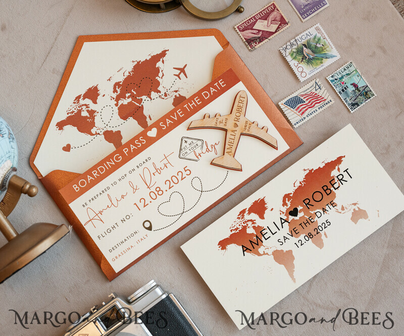 erracotta Wooden airplane magnet Save The Date Cards boardingpass travel airplane save the dates destination wedding magnets-4