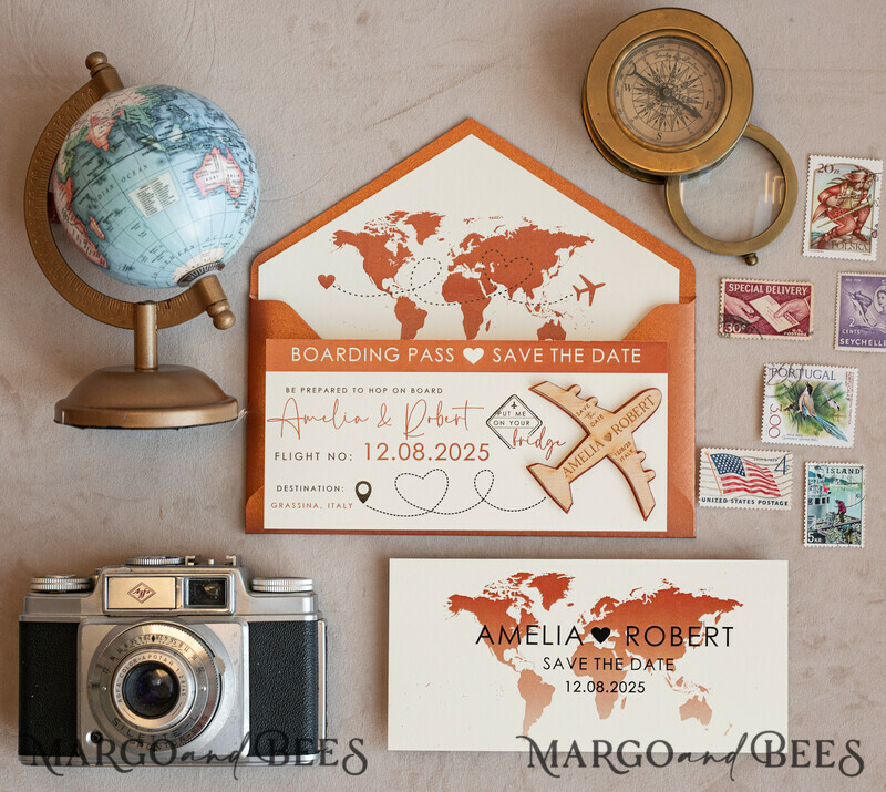erracotta Wooden airplane magnet Save The Date Cards boardingpass travel airplane save the dates destination wedding magnets-0